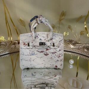 Mini Genuine Leather Birkin Purse Charm – White with Red & Blue Gold Splatter